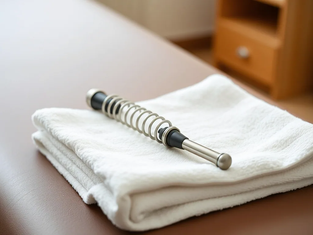 A small spring loaded handheld adjusting instrument resting on a folded white towel at the end of a treatment table.