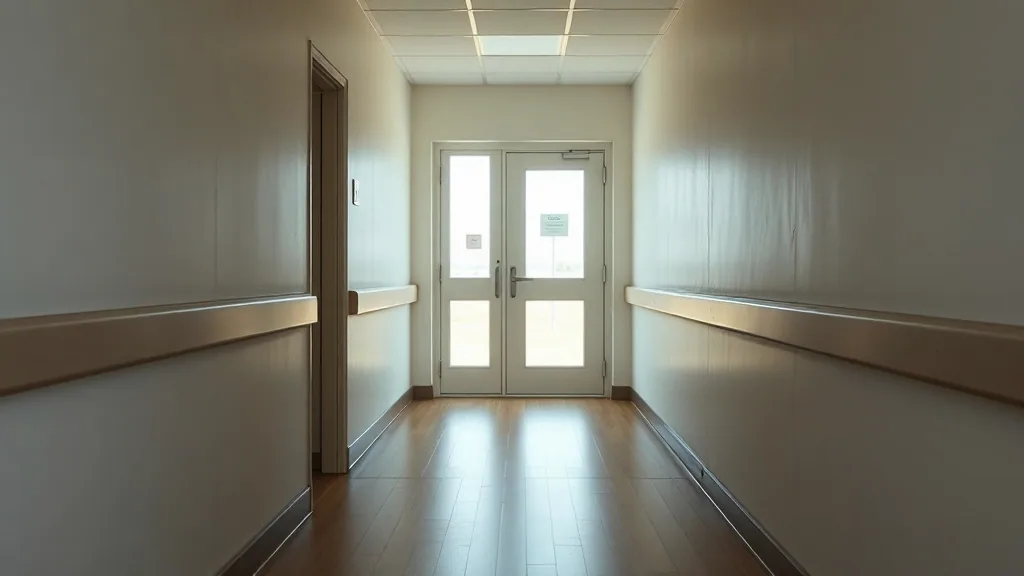 A short quiet clinic corridor with plain walls, a handrail along each side and daylight coming through the glazed door at the far end.