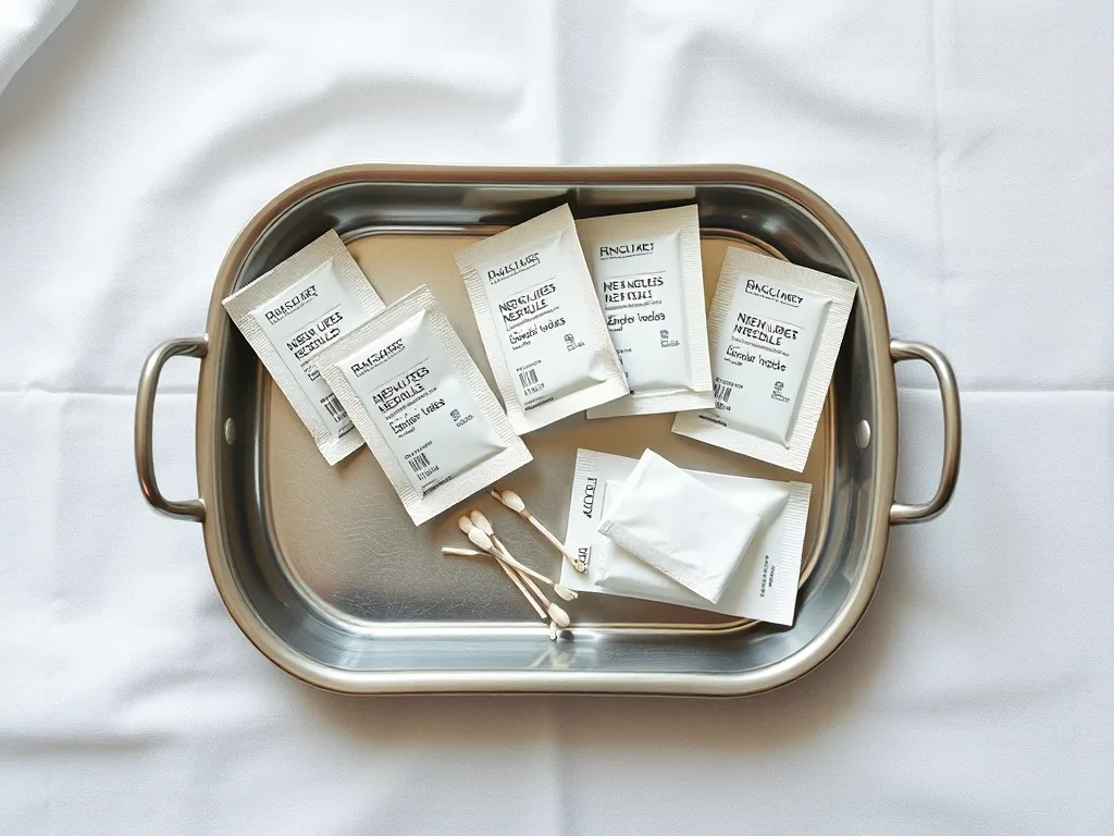 A stainless tray on a white cloth seen from above, holding sealed packets of single use needles and a few cotton swabs.